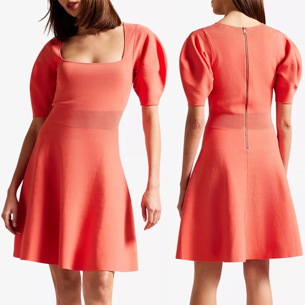 Ted Baker London Hayliy Puff Sleeve Knit Skater Mini Dress Orange Size 2/6 NEW